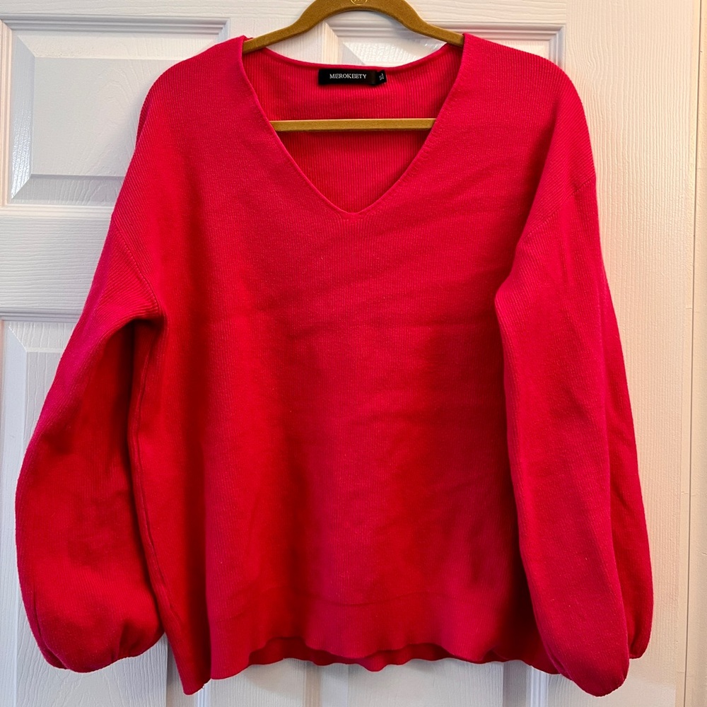 Hot Pink V-Neck Women's Sweater, Women’s Size XL
